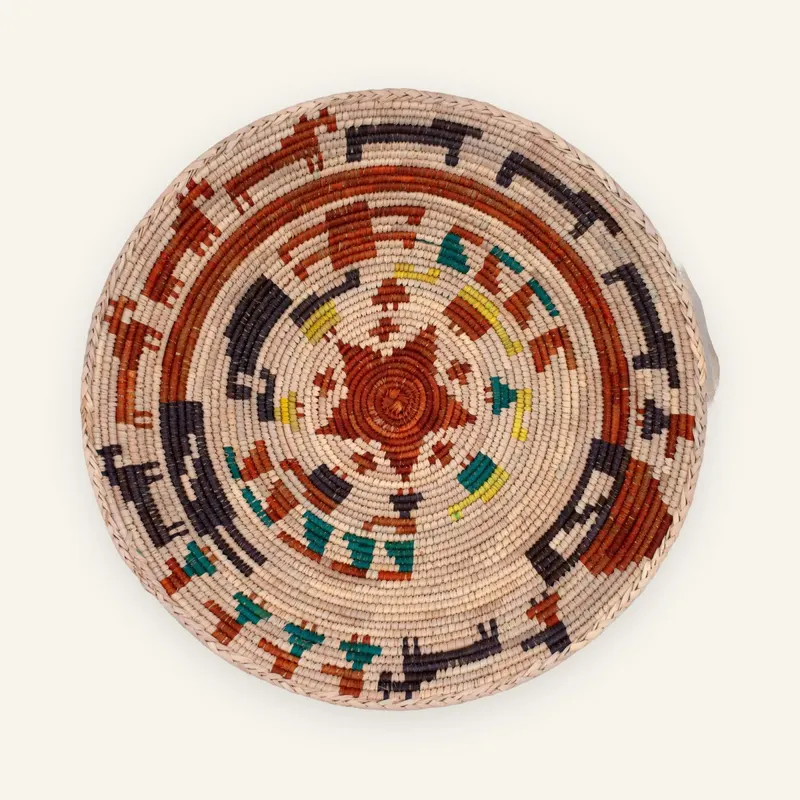 Classic handwoven wall plate, 37 cm, in rust red, dark brown, turquoise