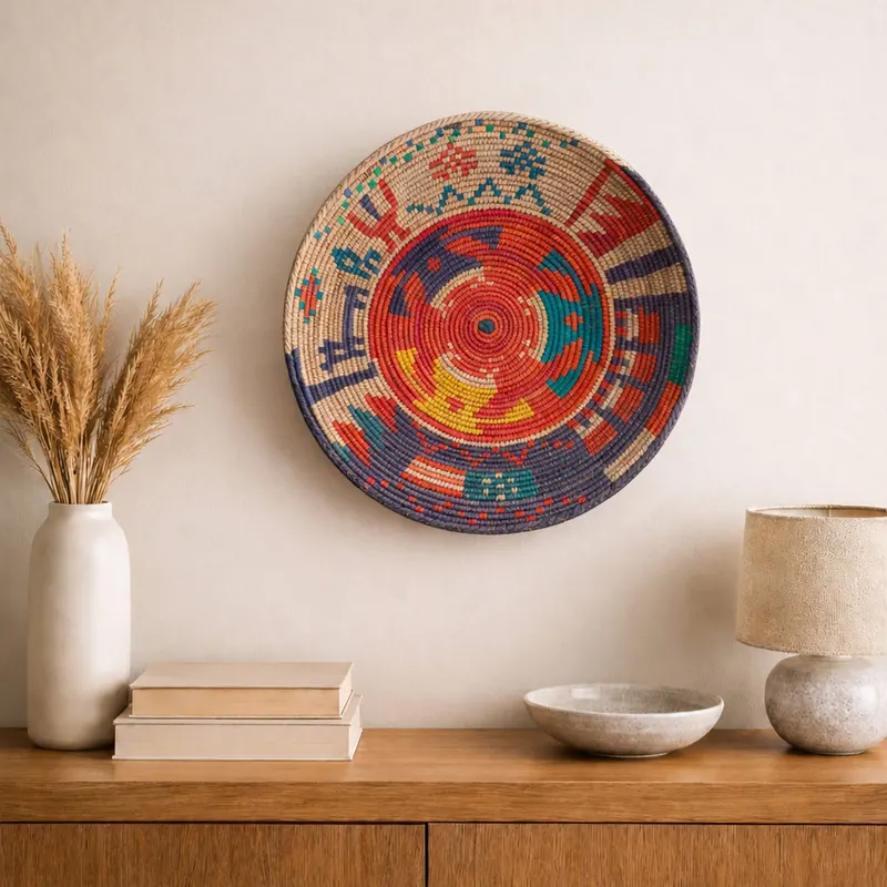 Premium woven wall plate, 33 cm, hanging on a wall in a styled interior