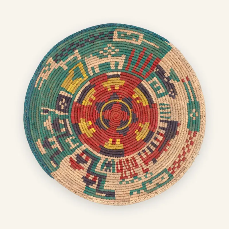 Premium handwoven wall plate, 35 cm, in vivid red, turquoise, purple